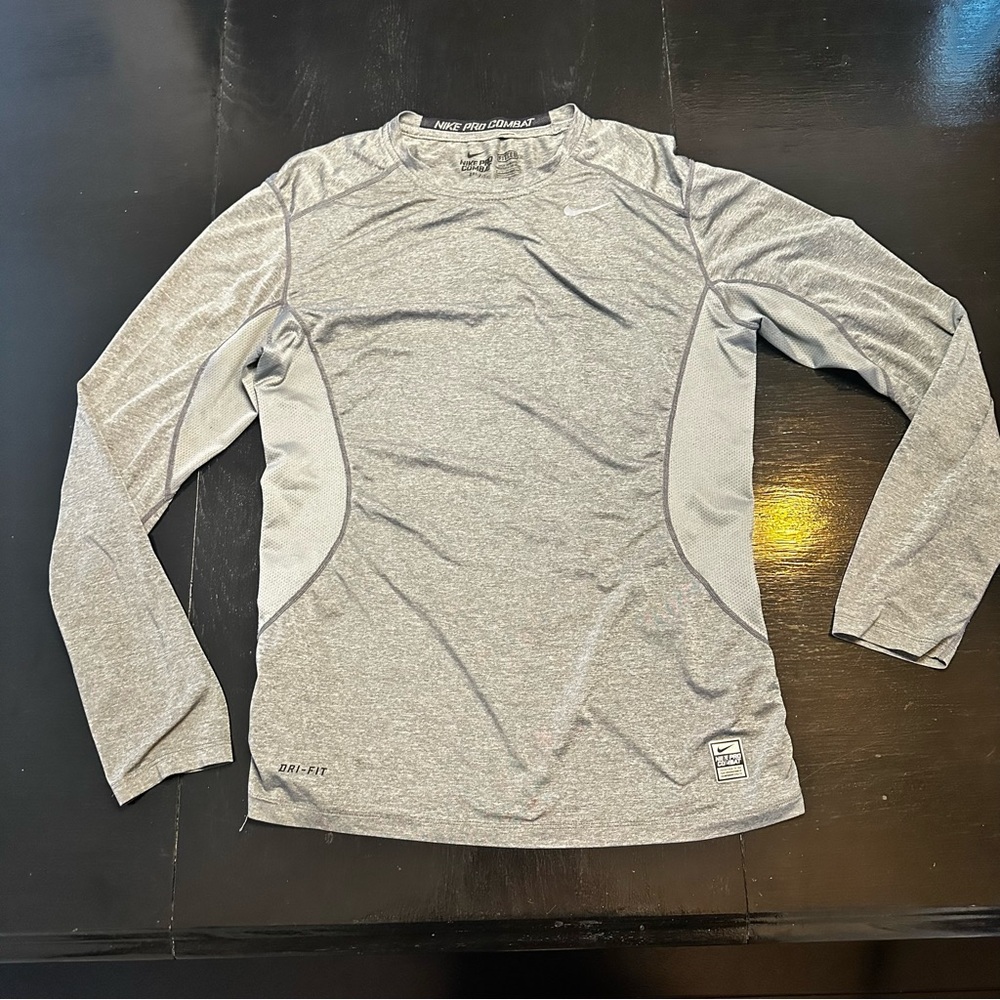 Nike Pro Combat Medium Silver Gray Workout Fitted Athletic Gym Long Sleeve